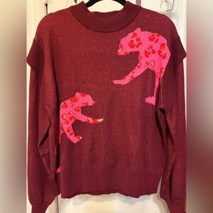 Crown & Ivy Women's Long Sleeve Mock Neck Jacquard Cat Burgundy Sweater